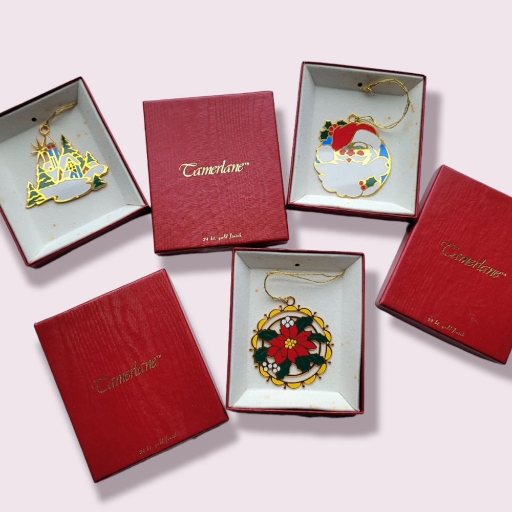 Lot 3 Vintage Tamerlane Christmas Ornaments Gold Finish Church Poinsettia